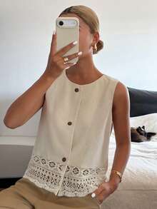 Livesso Women's Hollow Lace Patchwork Loose Business Casual Sleeveless Blazer Vest, Fashionable Office Wear, Spring & Summer - Beige - View 1