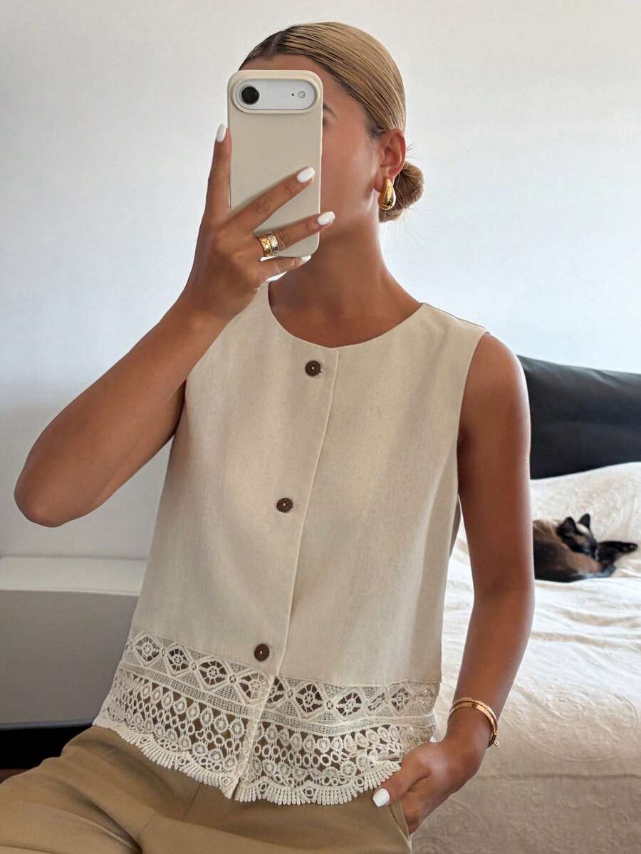 Livesso Women's Hollow Lace Patchwork Loose Business Casual Sleeveless Blazer Vest, Fashionable Office Wear, Spring & Summer - Beige - View 1