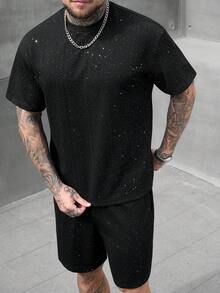 SLATEMANN Men's 2 Pieces T-Shirt And Shorts Set, Round Neck Design, Fashionable Men's Two Pieces Summer Outfit, Men's Summer Clothing, Men's T-Shirt Set, Men's 2 Pieces Match, Men's Two Pieces Set - Black - View 5