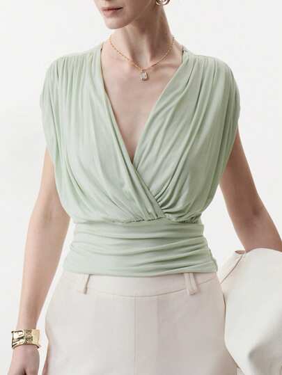 Aalyst Camiseta de mujer elegante y casual con cuello en V, cintura recogida y diseño fruncido, ligera, adecuada para primavera/verano, salidas, vacaciones, bodas, trabajo, romántica, vacaciones, verde claro