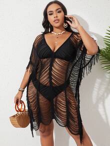 Swim Lushoire Saída de praia feminina plus size em tricô, cor sólida, decote em V, manga curta vazada, estilo boho, para férias na praia, sexy e ideal para o verão. - Preto - Ver 8