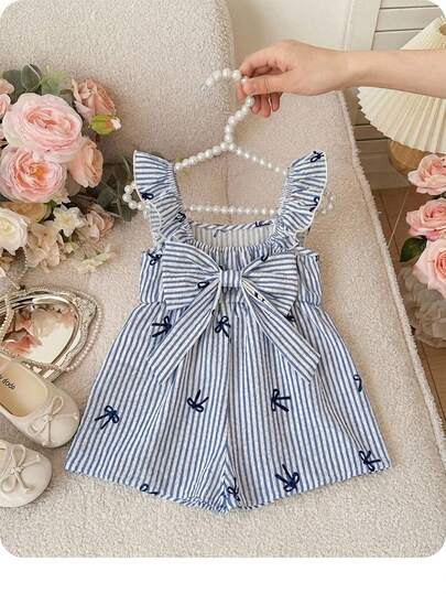 Babygirl Cute Summer Vacation Striped Cap Sleeve Romper