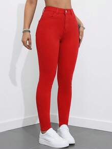 SHEIN ICON Women's Solid Color Minimalist Everyday Denim Pants - Red - View 6