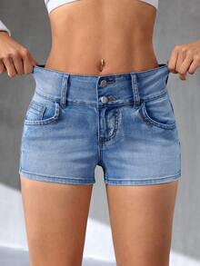 Flexra Women's Casual Washed Slim Fit Denim Shorts, Summer - Blue - View 7