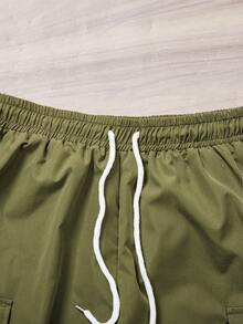 2 pezzi/Set Maglietta grafica casual e pantaloncini cargo con vestibilità ampia per ragazzi adolescenti - Verde militare - Visualizzare 8