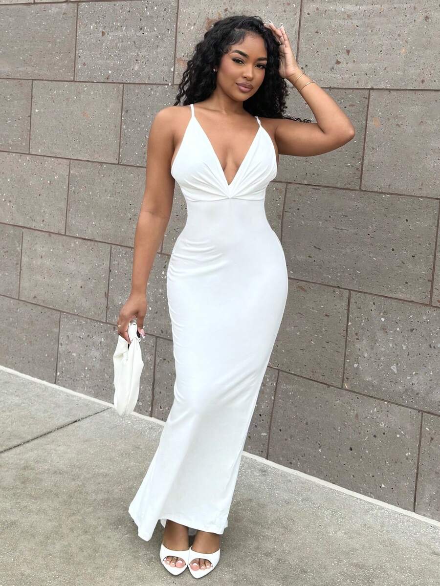 Alexandranx Sexy New Year's Eve Party V-neck Fold & Open Back Fishtail Dress - Putih - View 1