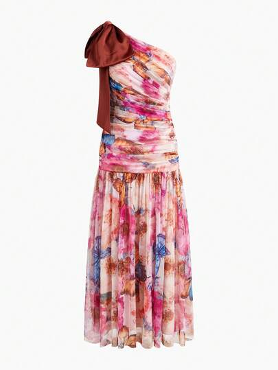 ZEYLAH 女士网眼印花不对称蝴蝶结装饰长款优雅浪漫连衣裙