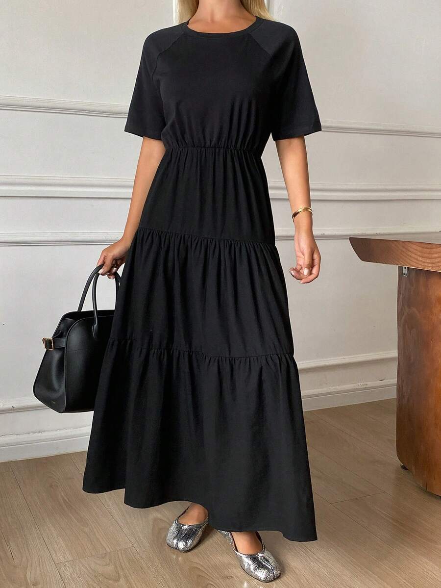 DAZY 女士夏季圆领短袖收腰优雅都市休闲连衣裙 - 黑色 - 查看 1