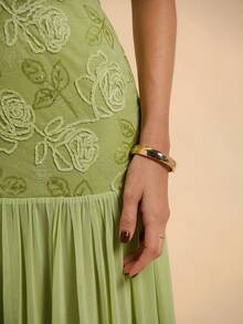 SHEIN BAE Vestido largo sin mangas con parches de malla de jacquard de terciopelo con estampado floral y frutas de primavera y verano, elegante vestido para invitada de boda, vestido verde, vestido elegante, vestido de vacaciones, vestido para fiesta de cumpleaños, vestido para volver al colegio/graduación - Verde - Ver 7