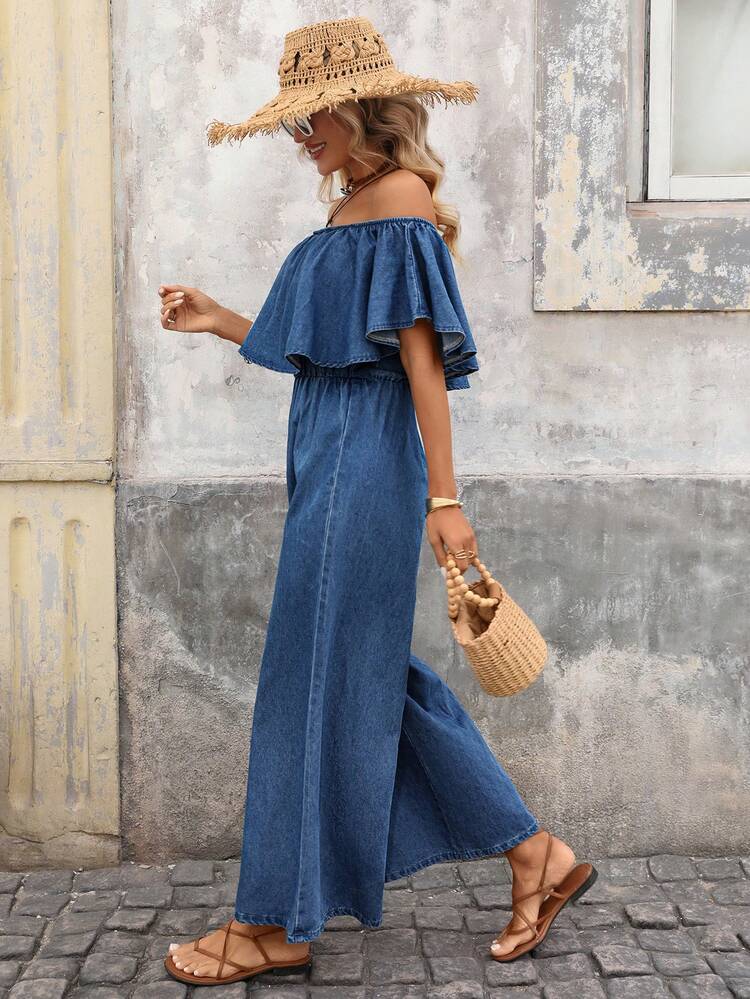 Brillora Women's Denim Blue Ruffle Ruffle Hem Denim Jumpsuit