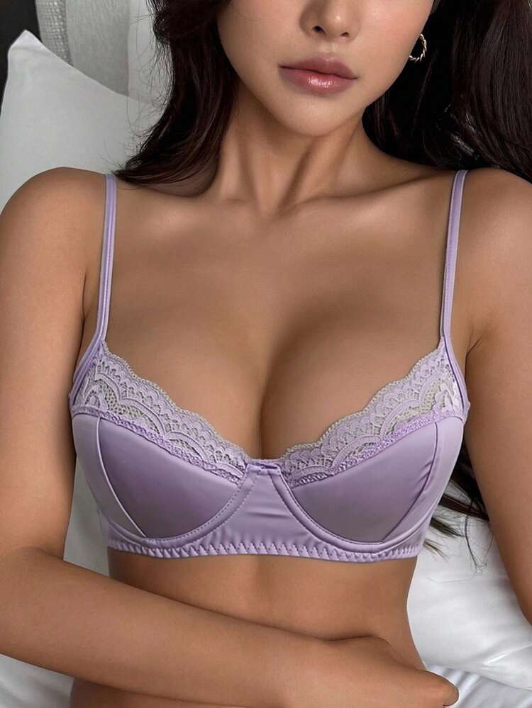 Lace Patchwork Wireless Padded Adjustable Spaghetti Strap Bra, Sexy Lingerie For Women, Spring/Summer