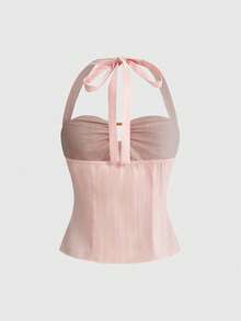 ROMWE Avant Cute, Sweet & Casual Halter Neck Camisole Top For Women - Pink - View 2