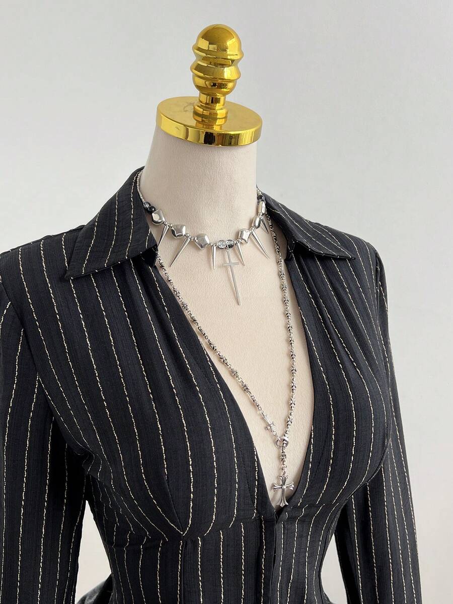 SHEIN PETITE Women's Casual/Work Deep V-Neck Striped Blouse - Black - View 1