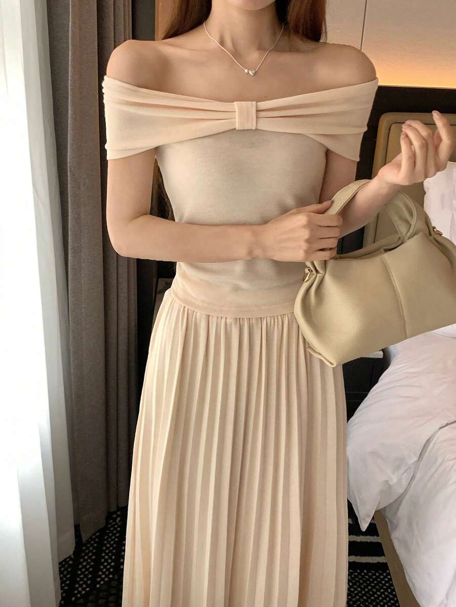 DAZY 女士法式两件套，露肩打结针织上衣和高腰半裙，春夏款 - 杏色 - 查看 1