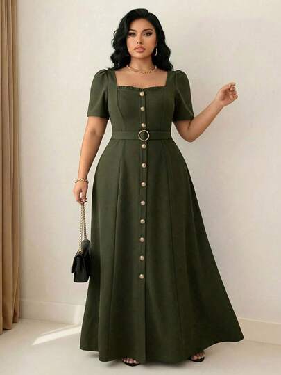 Elenzga Plus Size Women's Elegant Fabric Button Waist Belt Decor Summer Short Sleeve Ruffle Collar Cinched Waist A-Line Dress, Suitable For Office, Commute, Date, Outing, Vintage Style, Graduation, Holidays, Valentine's Day, Music Festivals, Mother's Day, Halloween, Thanksgiving, Easter, National Day, Dances, Dates, Parties, Weddings, Outdoor Activities Button Dress Green Dress Curve Army Green Dress Women Casual Long Dress Olive Green Dress