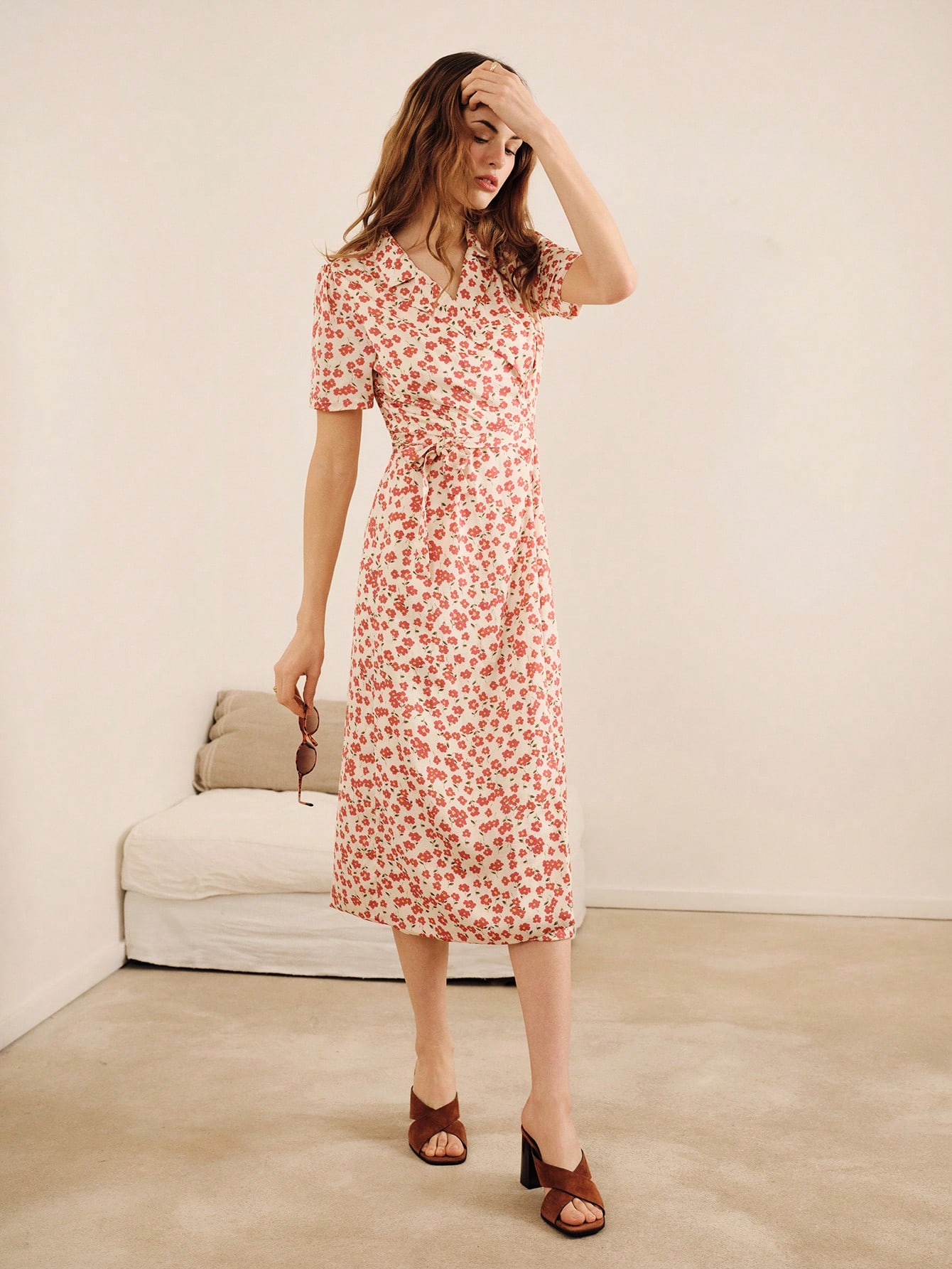 Floral Wrap Dress With Short Sleeves And Tailored Collar Elegant Spring Summer Style French Style Parisian Style Vacation Dress