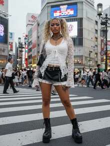 Jeanoix Top corto de mujer con diseño de encaje y vendaje sexy - Blanco - Ver 7