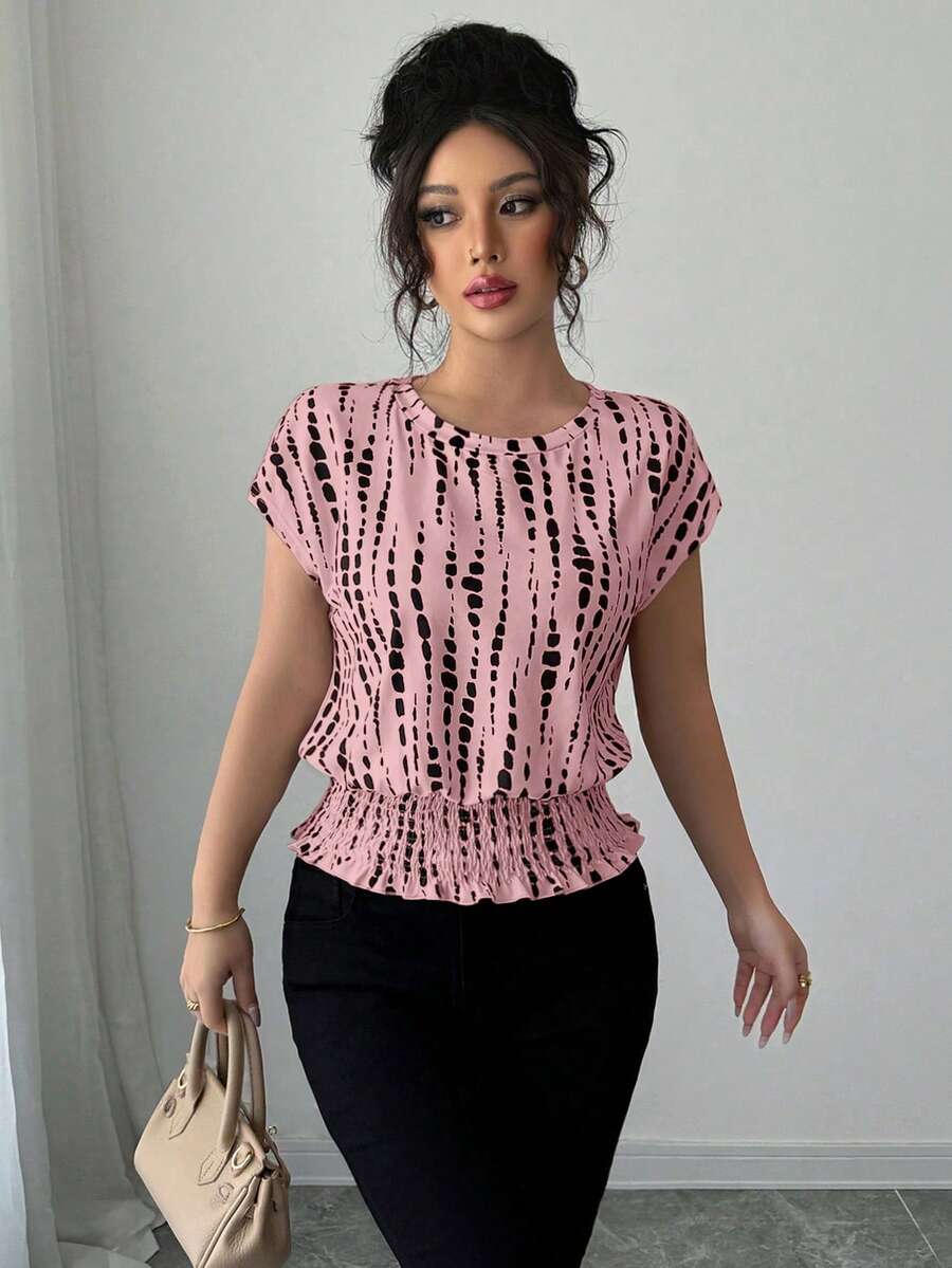 Elenzga 圆领印花弹力腰身简约女式T恤，插肩袖设计，适合春夏秋冬四季穿着，也可作为音乐会女装、优雅晚礼服、日常通勤、婚礼季/音乐节等场合的休闲服饰。 - 珊瑚粉 - 查看 1