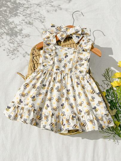 SHEIN Vintaside Kids 春夏两件套 - 新生女婴浅黄色卡通蜜蜂图案圆领连衣裙，搭配可爱丝带发带。款式可爱甜美，舒适柔软。采用厚度适中的针织面料制成，版型合身。适合居家休闲、度假、玩耍或拍照。也适合参加派对和其他活动。