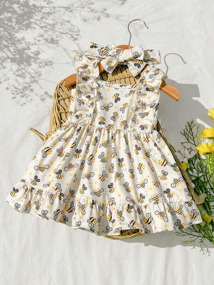 SHEIN Vintaside Kids 春夏两件套 - 新生女婴浅黄色卡通蜜蜂图案圆领连衣裙,搭配可爱丝带发带。款式可爱甜美,舒适柔软。采用厚度适中的针织面料制成,版型合身。适合居家休闲、度假、玩耍或拍照。也适合参加派对和其他活动。 - 彩色 - 查看 1
