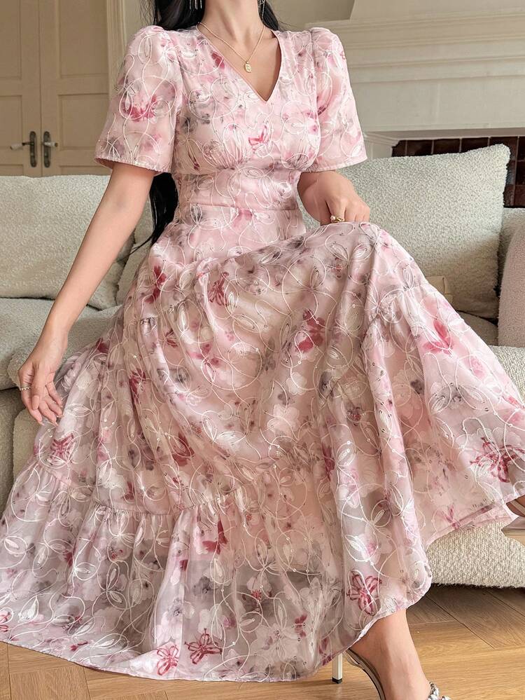 Women's Casual Elegant All-Over Floral Print Mid-Length Dress, Suitable For Spring And Summer, Festive Outfit Boho