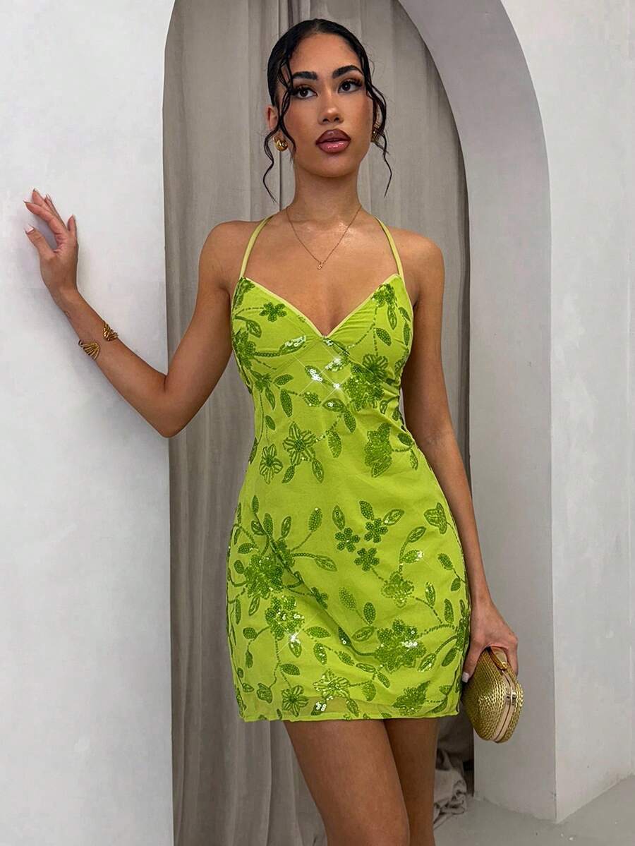 Glamine Women's Mesh Backless Tie Strap Elegant Romantic Sexy Date Dress - Green - View 1