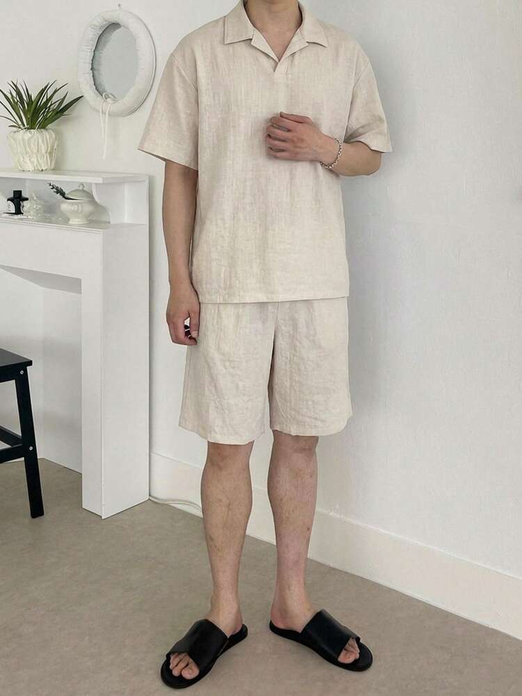 Men's Beige Polo Shirt And Shorts Set, Summer
