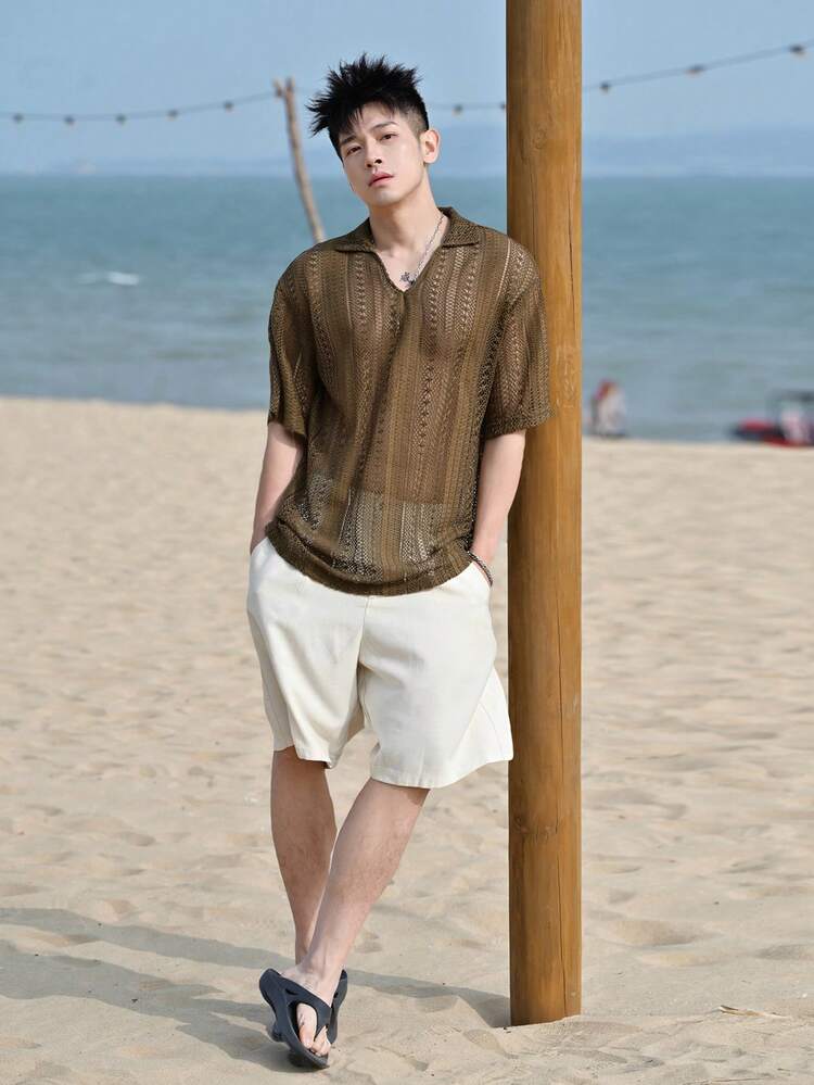 Men's Brown Polo Collar Hollow-Out Fabric Vacation Style Polo Shirt, Summer