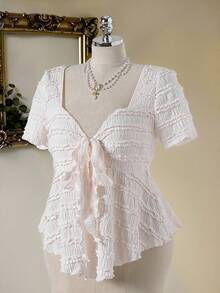 Modelyn Plus Size Women Lace Texture Tie-Waist A-Line Short Sleeve T-Shirt, French Romantic Elegant Gym Brown Summer - Apricot - View 3