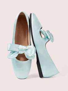 CUCCOO DOLLMOD 圆头缎面材质女鞋，饰有大蝴蝶结，时尚舒适，软底平底，日常旅行百搭鞋款 - 淡綠色 - 查看 1