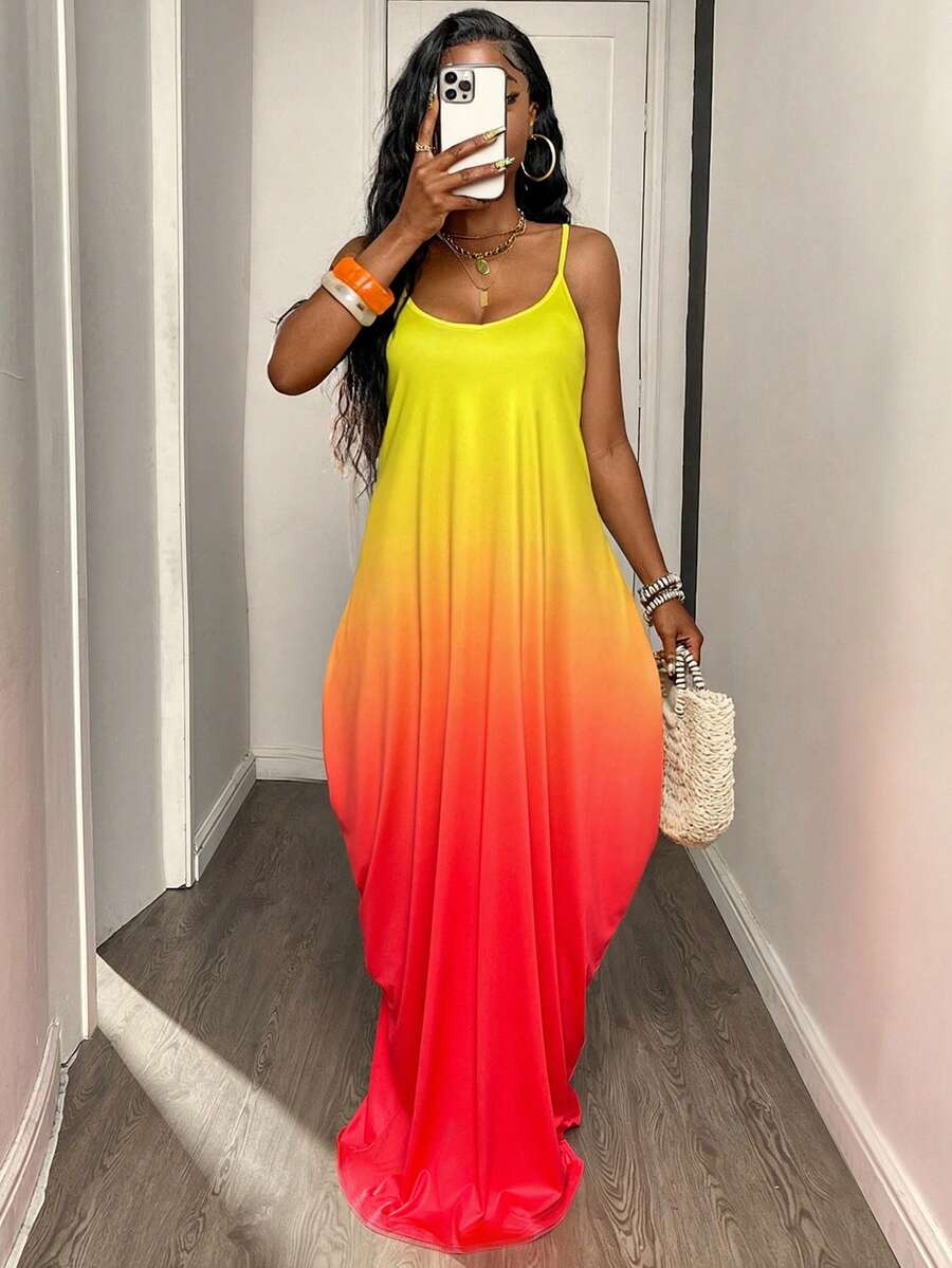 Eryvara 女士春夏V领宽松渐变印花长连衣裙，带肩带，春夏连衣裙，肩带连衣裙，春季服装，肩带连衣裙，外出装扮，时尚休闲性感肩带连衣裙