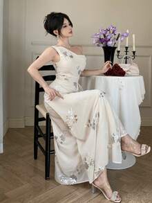 DAZY Women's Elegant Summer Off-White Sequin Embroidery Mesh Draped Neck Sleeveless Dress,Vacation Style Birthday Wedding Guest Sundress Cocktail Dress - White - View 2