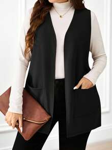 Miaspire Chaqueta casual suelta de bolsillo sin mangas de unicolor, para mujer, para primavera/verano, ropa de verano, atuendos de vacaciones / Vacaciones en otoño/invierno (talla grande) - Negro - Ver 2