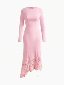 ZEYLAH 对比色蕾丝不对称下摆连衣裙 - 粉色 - 查看 1
