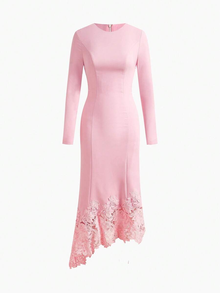 ZEYLAH 对比色蕾丝不对称下摆连衣裙 - 粉色 - 查看 1