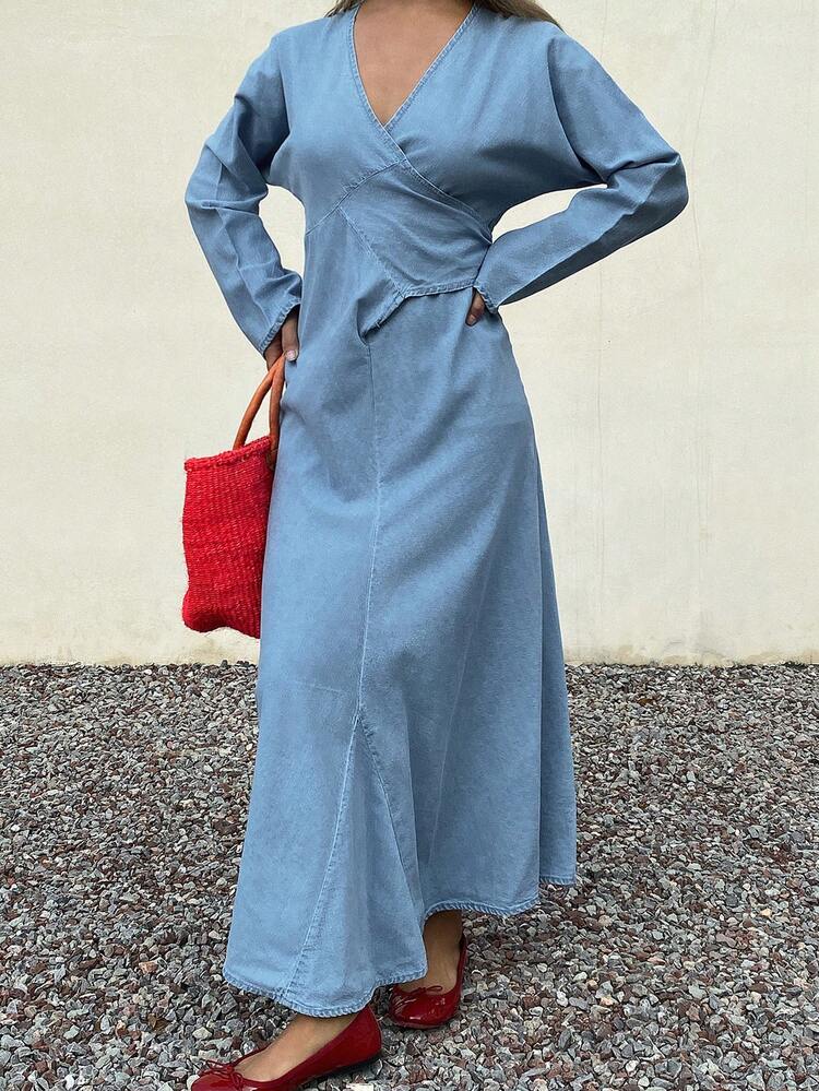 denim wrap maxi dress Zanvylia Plus Size Faux Denim Wrap Waist Maxi Dress, Puff Sleeve Mandarin Collar Front Slit Casual Semi-Formal Dress, Women's, Size: XL