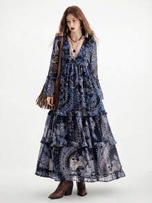 Aveloria Modichic Bohemian Style Chiffon Flowy Dress, Frill Trim, Loose Fit Deep V-Neck Long Sleeve - Multicolor - View 4