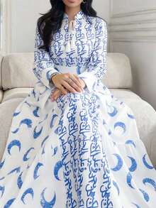 Al Najma Đầm kiểu Ả Rập thanh lịch dành cho nữ, in họa tiết toàn thân, cổ xoắn, thắt eo, thích hợp cho mùa thu. - Nhiều màu - Xem 1