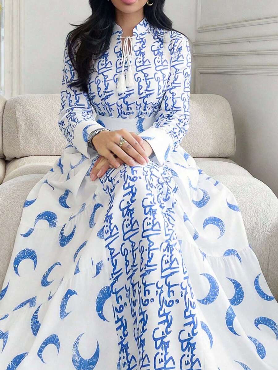 Al Najma Đầm kiểu Ả Rập thanh lịch dành cho nữ, in họa tiết toàn thân, cổ xoắn, thắt eo, thích hợp cho mùa thu. - Nhiều màu - Xem 1