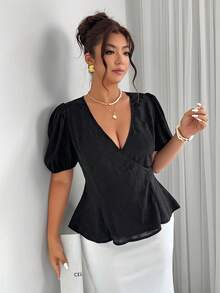Elenzga Plus Size Women's Elegant Wrap A-Line Petal Sleeve Jacquard Blouse, Spring/Summer - Black - View 4