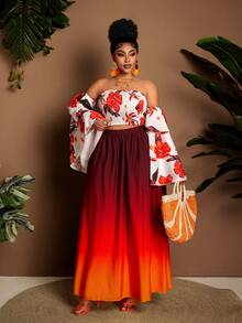 Maweii Plus Size Women's Elegant Floral Print Off-Shoulder Design With Ruffle Sleeves, Versatile Casual Blouse Suitable For Party, Date Night, Valentine's Day, Vacation - Multicolor - View 5