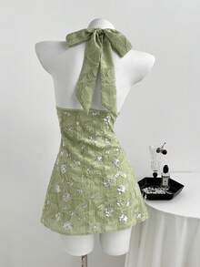 Elamini Women's Casual Sexy Halter Neck Tie Sequin Jacquard Mini Dress - Green - View 2