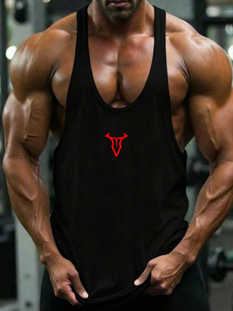 GymBeat 男士公牛印花休闲健身运动背心,健身房 - 黑色 - 查看 1