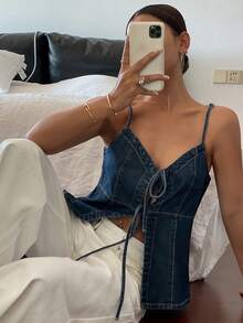 Dazy Tall Women's Summer Spaghetti Strap Denim Camisole With Bow Tie, Casual Denim Top - Dark Wash - View 3