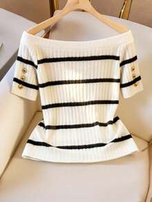 Franclia قميص تي شيرت أنيق ذو كتف مكشوف وأكمام قصيرة مصنوع من قماش مخطط أسود وأبيض مرن، مناسب للارتداء اليومي بشكل عادي وشامل - أبيض وأسود - مشاهدة 4