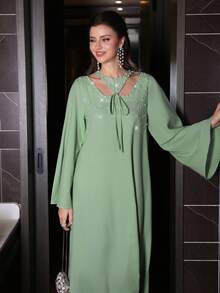 Al Najma Women's Elegant V-Neck Tie-Waist Long Sleeve Pearl Decor Mint Green 2 In 1 Slim Dress - Mint Green - View 8