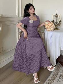 Modelyn Cut-Out Waist Flared Dress With 3D Floral Decor For Women - Purple - View 6