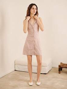 lacRébo Pink Vintage Mini Dress With Lapel Collar And Open Back Spring Summer Vacation French Style Parisian Style Office Outfits Vintage Dress - Pink - View 5