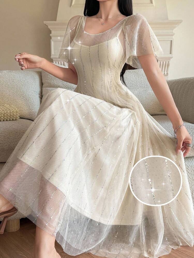 Women's Elegant Sequin Ruffle Sleeve Mid-Length Dress, Summer Wedding Guest Dress Sundress
