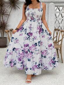 Ceyna Plus Size Women's White Floral Print Ruffle Hem Spaghetti Strap Adjustable Bust A-Line Maxi Dress,Summer Boho Holiday Tea Party Elegant Smocked Gown - Purple - View 1